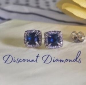 Blue Sapphire & White Baguette Diamond Stud Earrings on 925 Silver